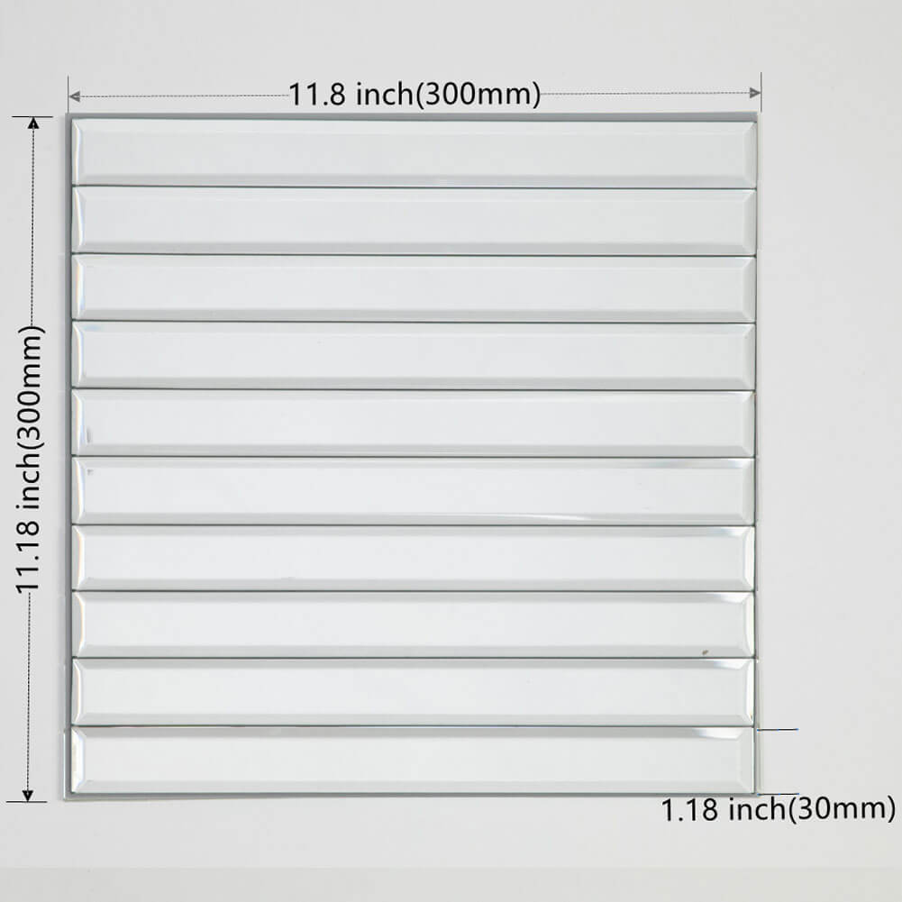 Beveled Silver Mirror Glass Subway Tile 12x12 Inch Long Strip Mesh Backing Pack of 5 sq.ft