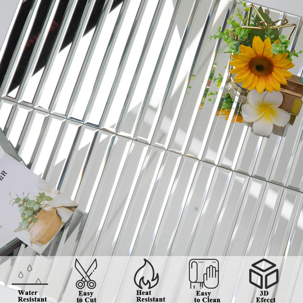 Diflart Beveled Mirror Backsplash Tiles for Kitchen, Silver Strip, 12x12 Inch, Mirror TIile for Bathroom Wall (5 Sheets,5 Sq.ft)