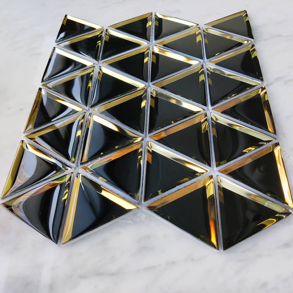Diflart Beveled Mirror Glass Mosaic Tile, Black and Gold, 3 Inch Triangle, Glass Tile for Bathroom Kitchen Backsplash Shower Wall, Pack of 5 Sheets