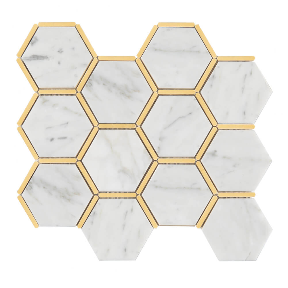 Carrara White Marble Mosaic Tile 3 Inch Hexagon with Brass Polished Pack Of 5 Sheets
