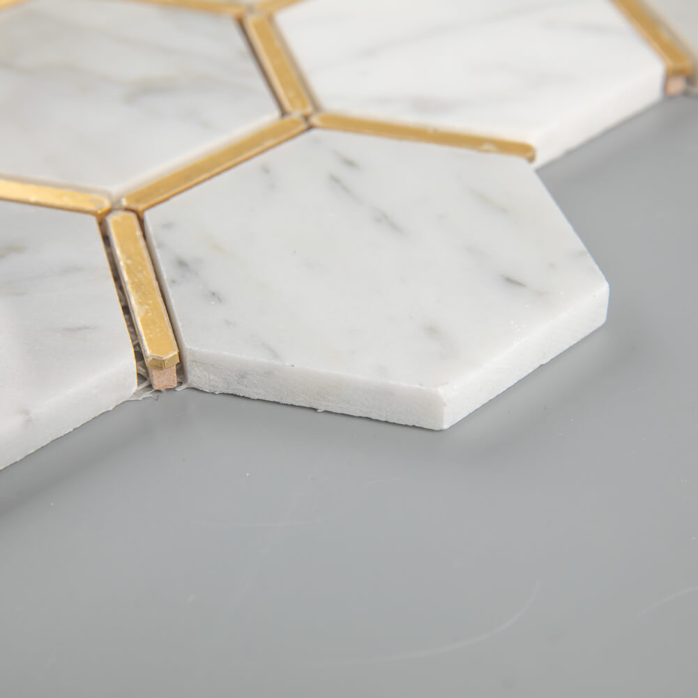 Carrara White Marble Mosaic Tile 3 Inch Hexagon with Brass Polished Pack Of 5 Sheets