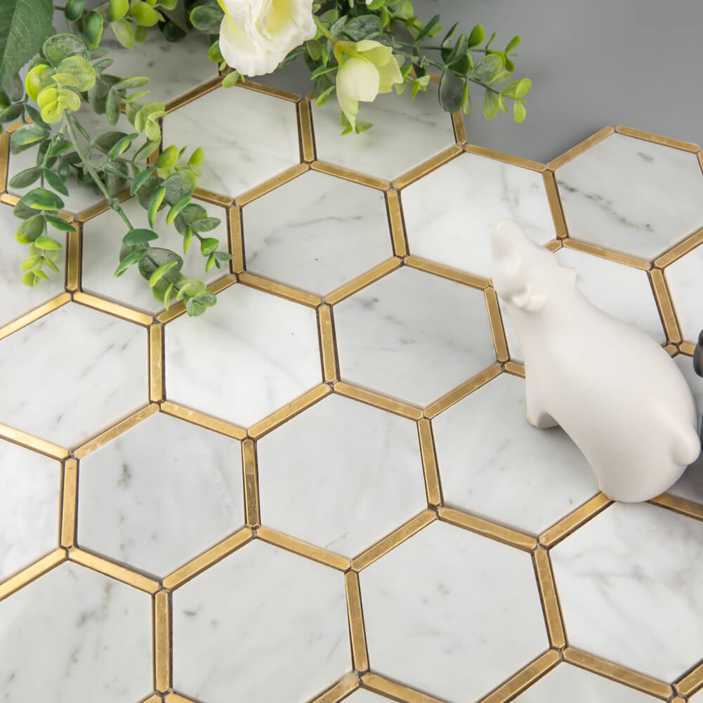 Carrara White Marble Mosaic Tile 3 Inch Hexagon with Brass Polished Pack Of 5 Sheets