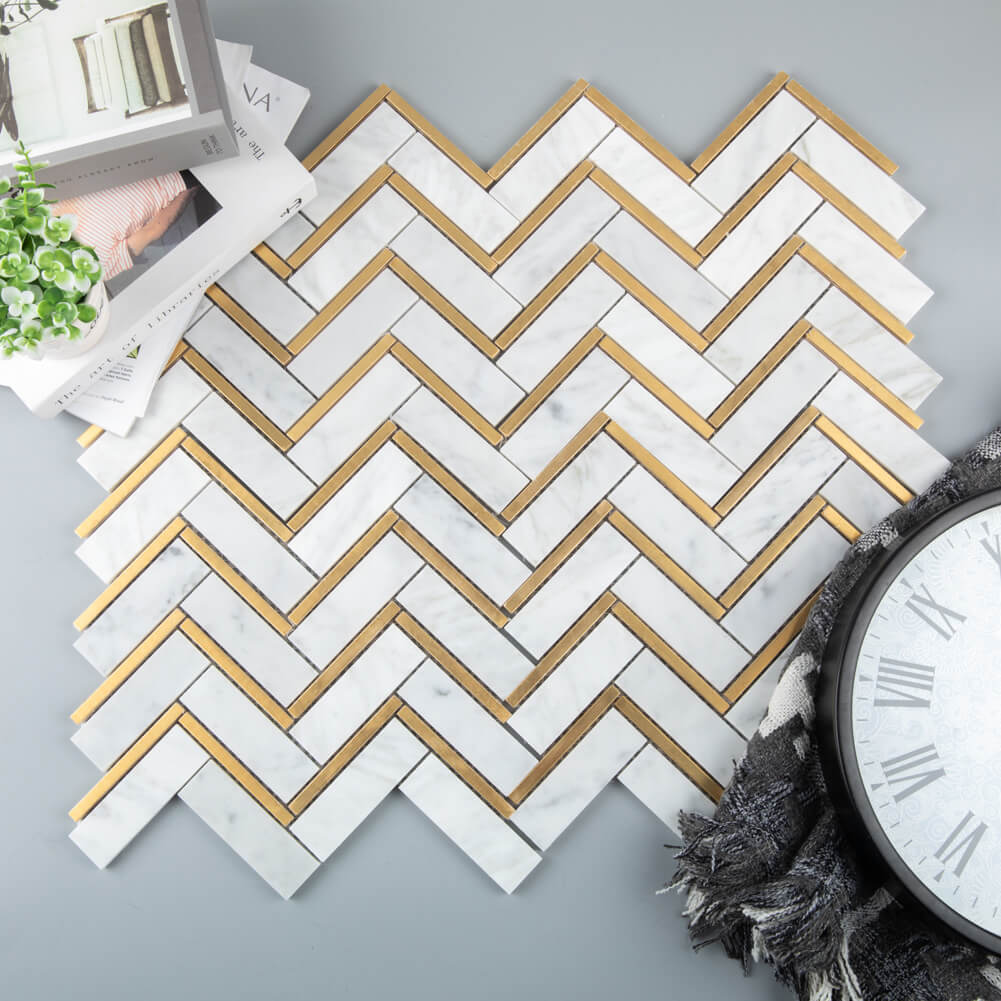 Carrara White Marble Mosaic Tile 1 x 3 Inch Herringbone with Brass Polished Pack Of 5 Sheets