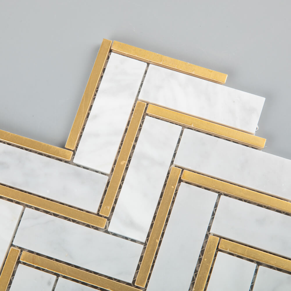 Carrara White Marble Mosaic Tile 1 x 3 Inch Herringbone with Brass Polished Pack Of 5 Sheets