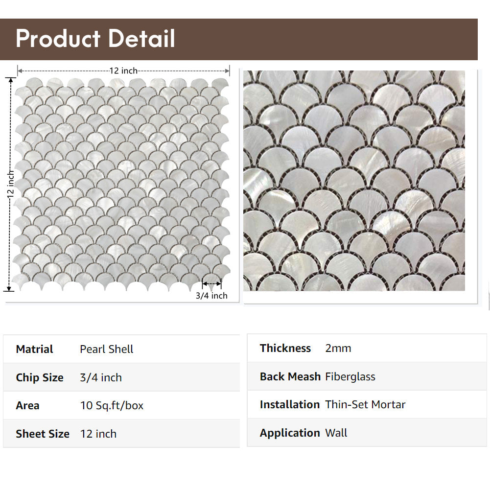White Mother Of Pearl Shell Fish Scale Mosaic Tile Pack of 6 Sheets