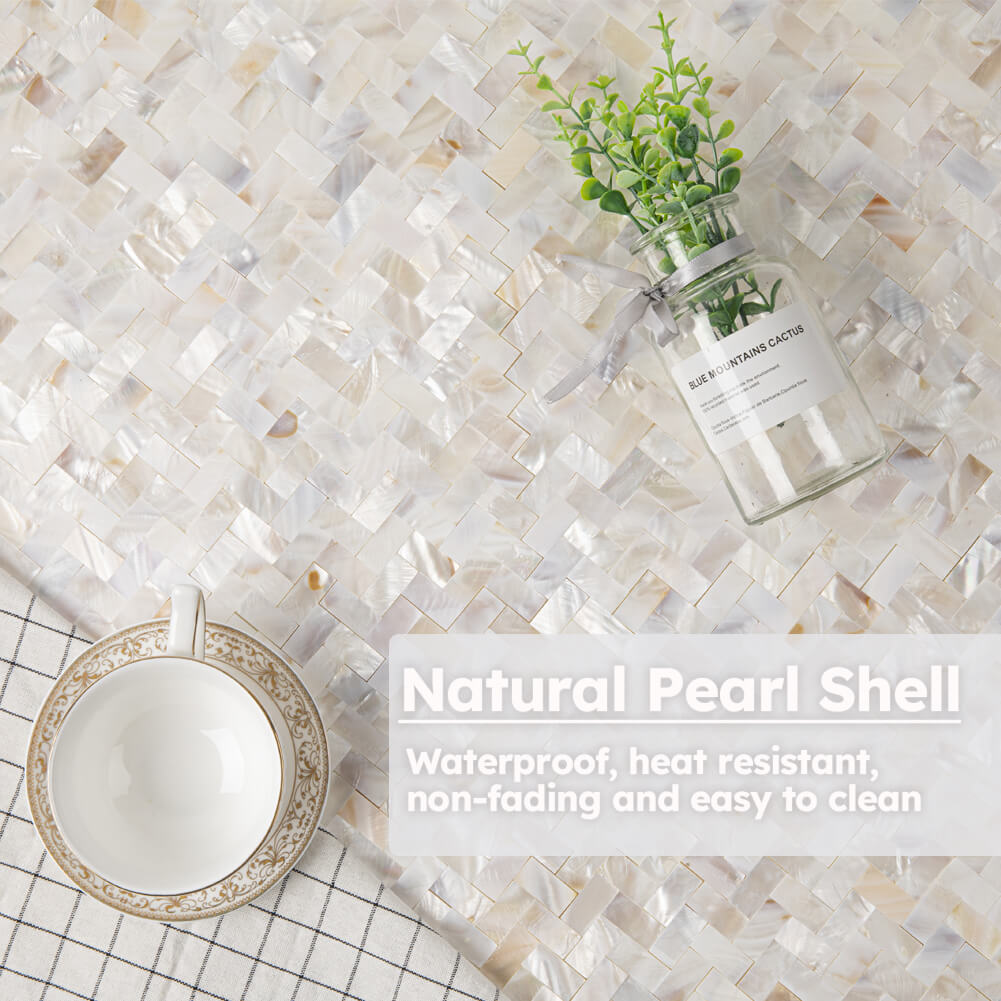 Diflart Peel and Stick Mother of Pearl Backsplash Tiles, Herringbone, 6 Sq.ft, Pearl Shell Mosaic Tile for Kitchen Bathroom Wall Decor, Pack of 6 Sheets