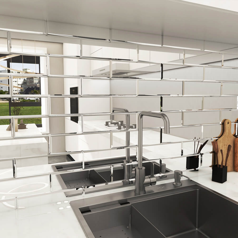 Diflart Reflection Mirror Subway Tiles Peel and Stick, 3 x10 Inch, Beveled, Mirror Backsplash for Kitchen Bathroom Wall Pakc of 24 Pieces