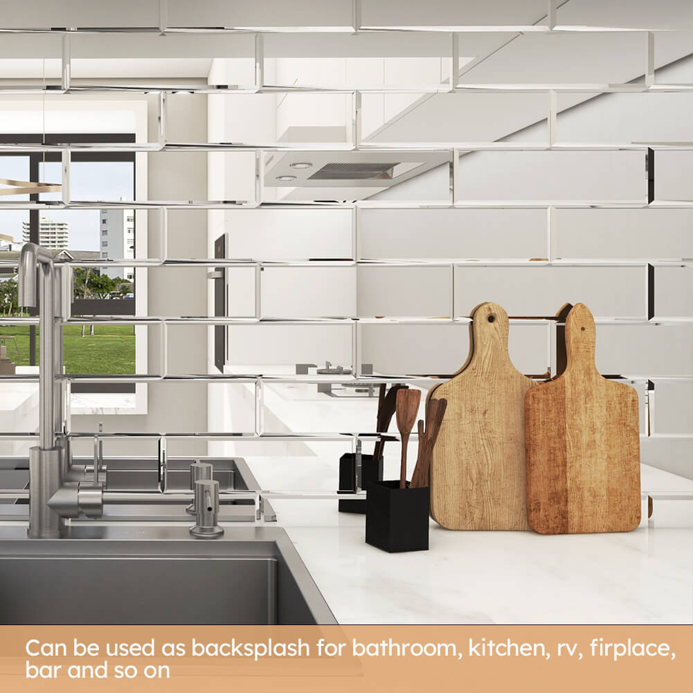 Diflart Reflection Mirror Subway Tiles Peel and Stick, 3 x10 Inch, Beveled, Mirror Backsplash for Kitchen Bathroom Wall Pakc of 24 Pieces