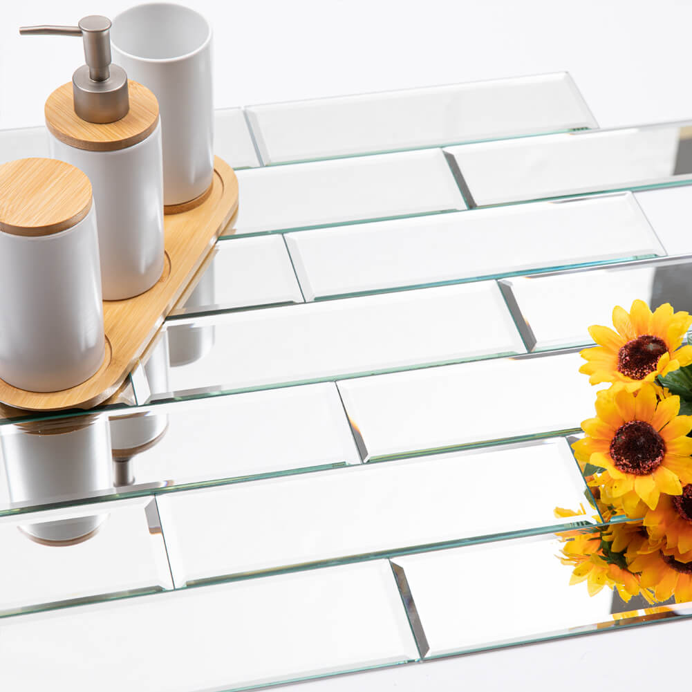 Diflart Reflection Mirror Subway Tiles Peel and Stick, 3 x10 Inch, Beveled, Mirror Backsplash for Kitchen Bathroom Wall Pakc of 24 Pieces