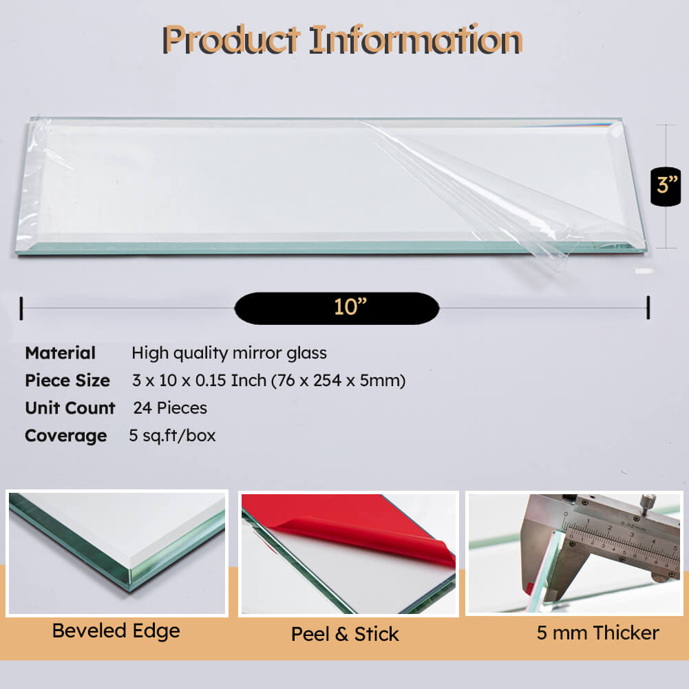 Diflart Reflection Mirror Subway Tiles Peel and Stick, 3 x10 Inch, Beveled, Mirror Backsplash for Kitchen Bathroom Wall Pakc of 24 Pieces