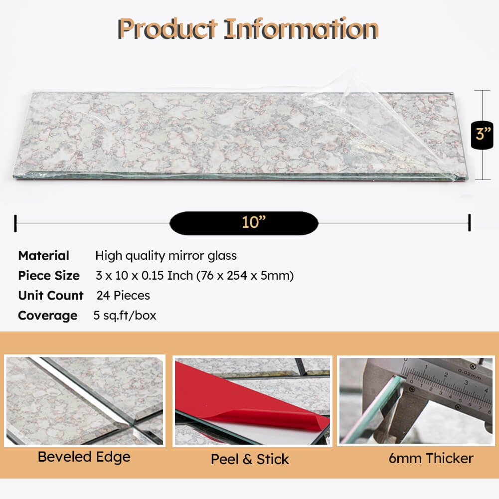 Diflart Peel and Stick Mirror Backsplash Tiles, Antique, 3 x10 Inch, Beveled Mirror Subway Tile for Kitchen Bathroom Wall, Pakc of 24 Pieces