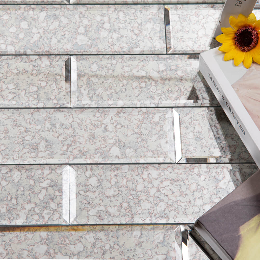 Diflart Peel and Stick Mirror Backsplash Tiles, Antique, 3 x10 Inch, Beveled Mirror Subway Tile for Kitchen Bathroom Wall, Pakc of 24 Pieces