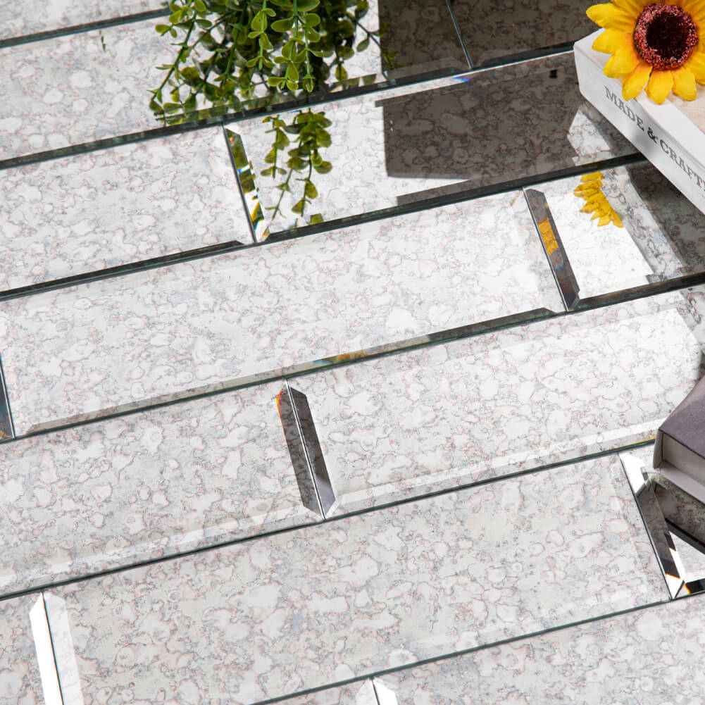 Diflart Peel and Stick Mirror Backsplash Tiles, Antique, 3 x10 Inch, Beveled Mirror Subway Tile for Kitchen Bathroom Wall, Pakc of 24 Pieces