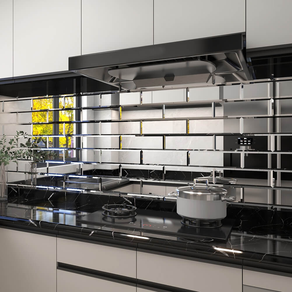 Diflart Mirror Backsplash Tiles, Peel and Stick, 4x12 Inch, Beveled Mirrored Subway Tiles Self Adhesive for Kitchen Bathroom Wall Pack of 15 Pcs