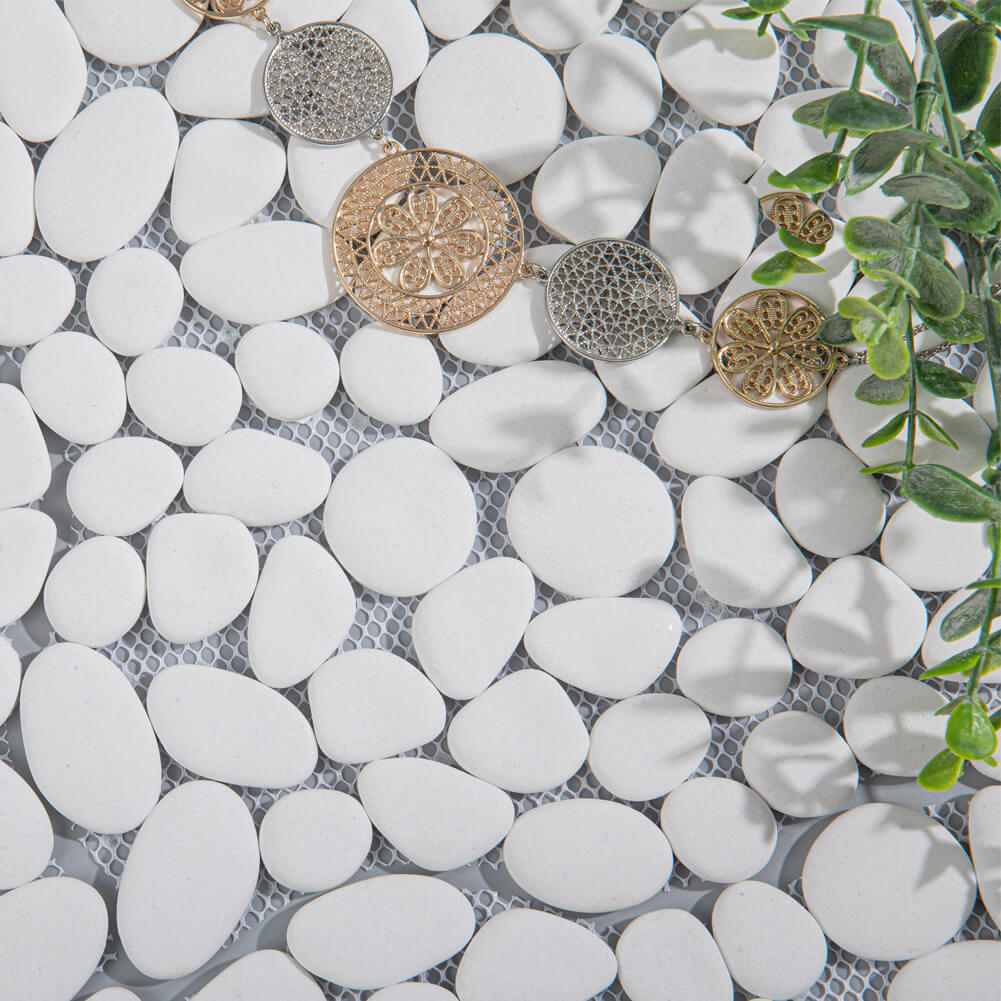 Diflart White Pebble Backsplash Tile Polished for Kitchen Shower Floor Wall Tiles Pack of 5 Sheets