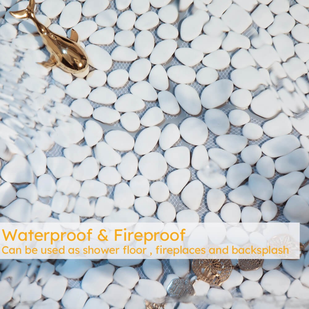 Diflart White Pebble Backsplash Tile Polished for Kitchen Shower Floor Wall Tiles Pack of 5 Sheets