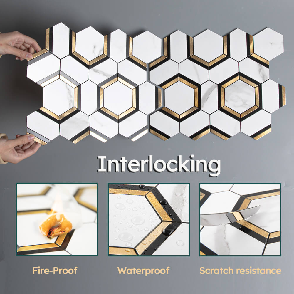 Diflart Peel and Stick Backsplash Tile, White and Gold, Hexagon, Marble Veins with PVC Mixed Metal, Stick on Backsplash for Kitchen and Bathroom,Self Adhesive Wall Tiles