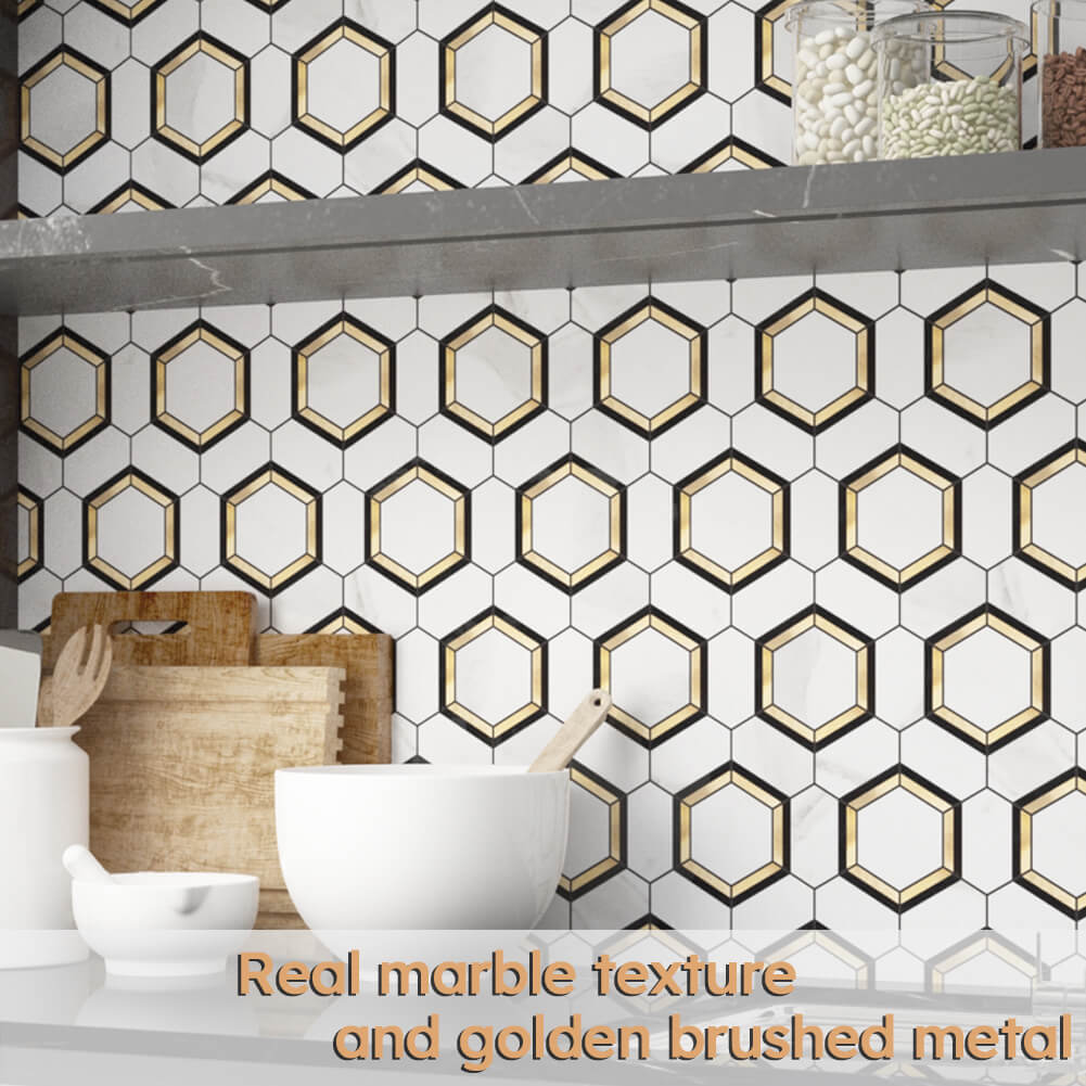 Peel and Stick Backsplash Tiles Faux Marble with Gold and Black Strip for Kitchen Bathroom