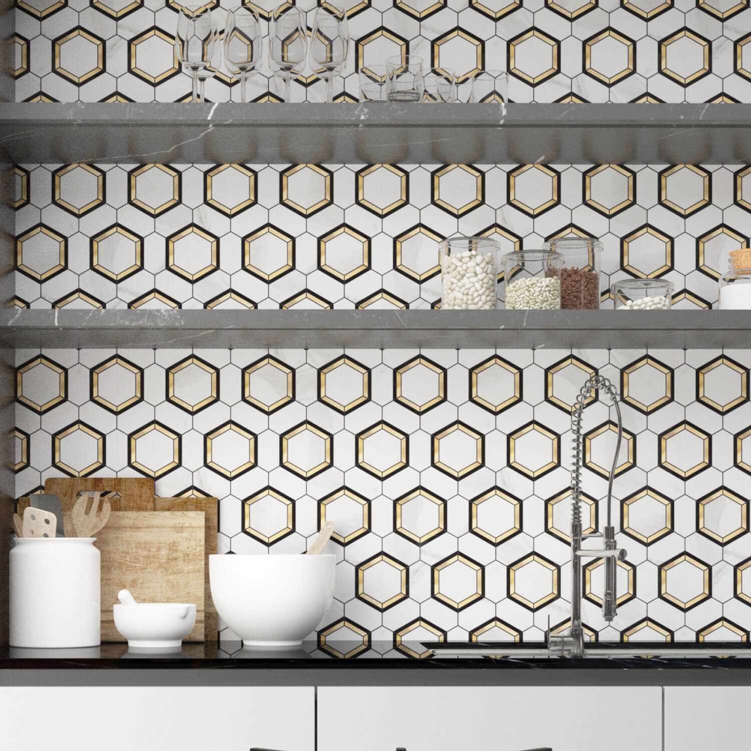 Diflart Peel and Stick Backsplash Tile, White and Gold, Hexagon, Marble Veins with PVC Mixed Metal, Stick on Backsplash for Kitchen and Bathroom,Self Adhesive Wall Tiles