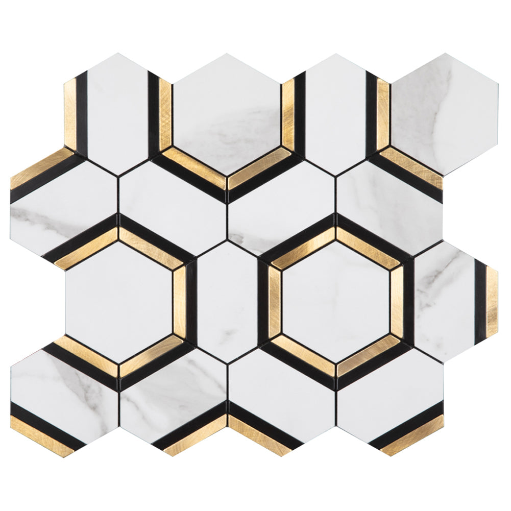 Diflart Peel and Stick Backsplash Tile, White and Gold, Hexagon, Marble Veins with PVC Mixed Metal, Stick on Backsplash for Kitchen and Bathroom,Self Adhesive Wall Tiles