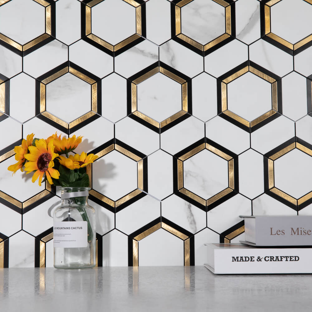 Diflart Peel and Stick Backsplash Tile, White and Gold, Hexagon, Marble Veins with PVC Mixed Metal, Stick on Backsplash for Kitchen and Bathroom,Self Adhesive Wall Tiles