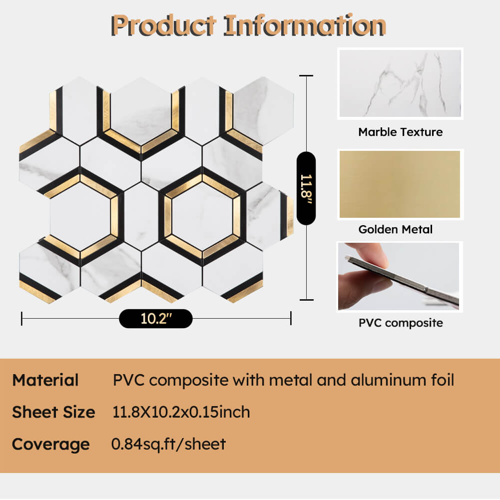 Diflart Peel and Stick Backsplash Tile, White and Gold, Hexagon, Marble Veins with PVC Mixed Metal, Stick on Backsplash for Kitchen and Bathroom,Self Adhesive Wall Tiles