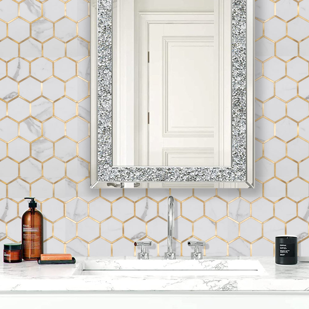Diflart Peel and Stick Backsplash Hexagon PVC Tile Faux Marble with Gold Metal Strip for Kitchen Bathroom