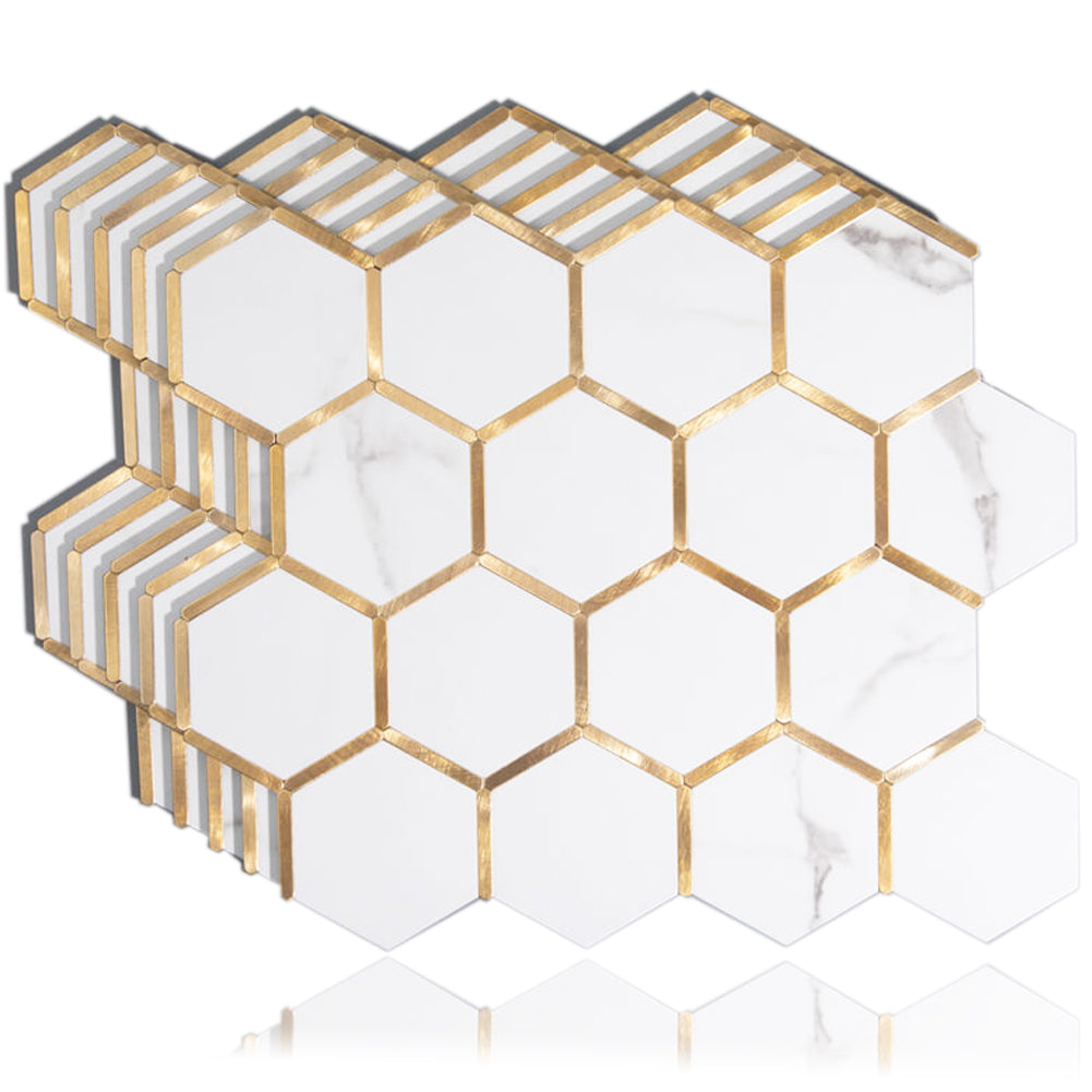 Diflart Peel and Stick Backsplash Hexagon PVC Tile Faux Marble with Gold Metal Strip for Kitchen Bathroom