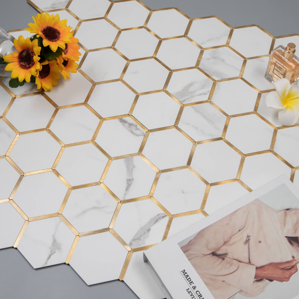 Diflart Peel and Stick Backsplash Hexagon PVC Tile Faux Marble with Gold Metal Strip for Kitchen Bathroom