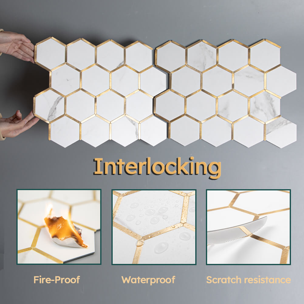 Diflart Peel and Stick Backsplash Hexagon PVC Tile Faux Marble with Gold Metal Strip for Kitchen Bathroom