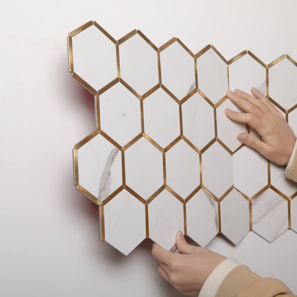Diflart Peel and Stick Backsplash Hexagon PVC Tile Faux Marble with Gold Metal Strip for Kitchen Bathroom