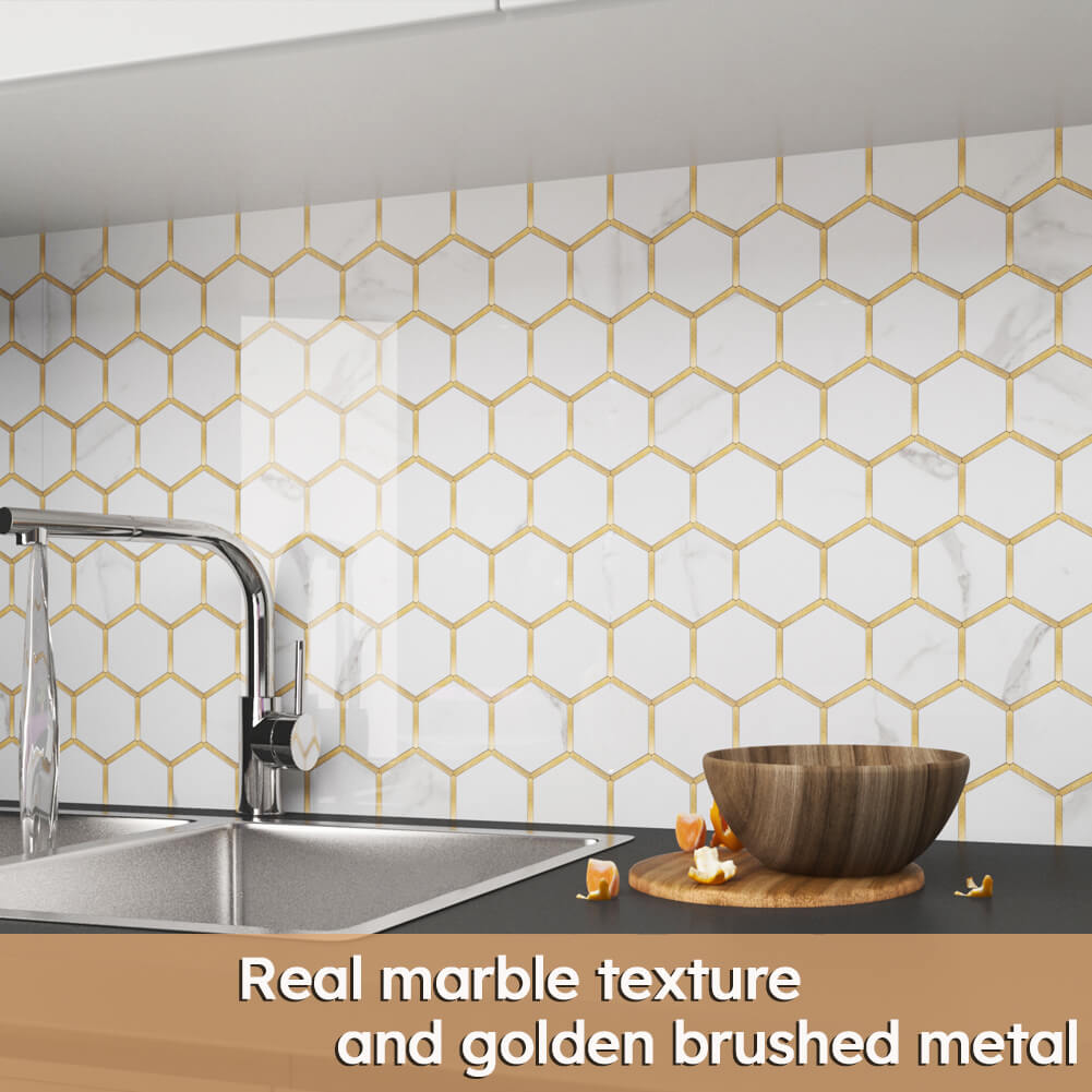 Diflart Peel and Stick Backsplash Hexagon PVC Tile Faux Marble with Gold Metal Strip for Kitchen Bathroom