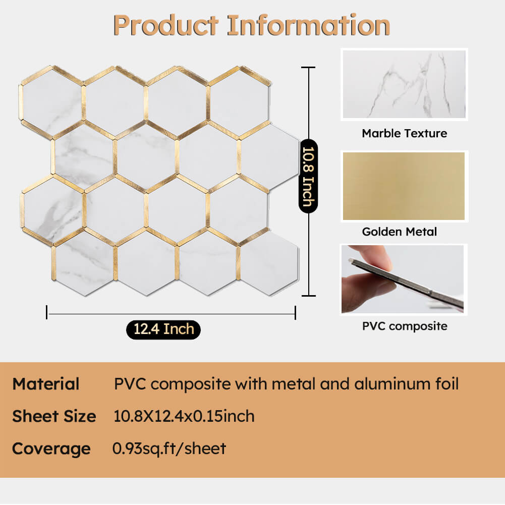 Diflart Peel and Stick Backsplash Hexagon PVC Tile Faux Marble with Gold Metal Strip for Kitchen Bathroom