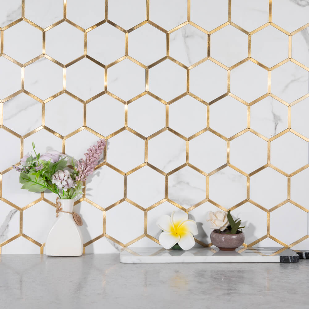 Diflart Peel and Stick Backsplash Hexagon PVC Tile Faux Marble with Gold Metal Strip for Kitchen Bathroom