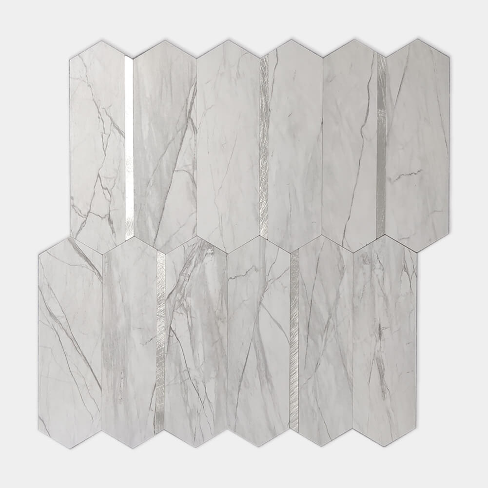 Peel and Stick Backsplash Long Hexagon Tiles Faux Stone with Silver Metal Pack of 5 Sheets