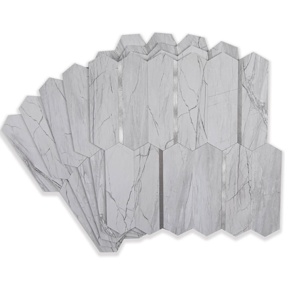 Peel and Stick Backsplash Long Hexagon Tiles Faux Stone with Silver Metal Pack of 5 Sheets