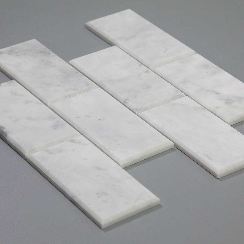 Carrara White Bianco Carrera Marble 3"×6" Brick Mosaic Tile Beveled Polished Pack of 5