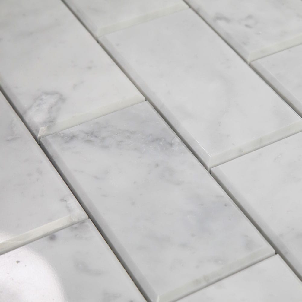 Carrara White Bianco Carrera Marble 3"×6" Brick Mosaic Tile Beveled Polished Pack of 5