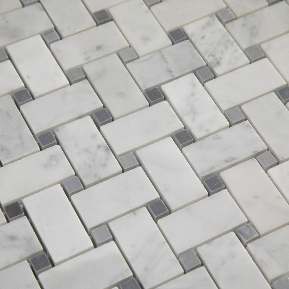 Carrara White Bianco Carrera Marble 1" x 2" Basketweave Mosaic Tile with Grey Dots Polished Pack of  5