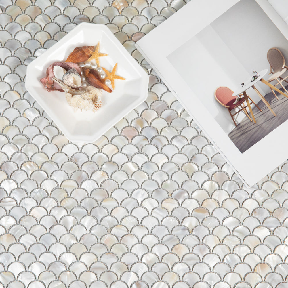 Diflart Mother of Pearl Fish Scale Backsplash Shell Tile for Kitchen Bathroom Shower Spa Wall Pool Tiles Pack of 6 Sheets
