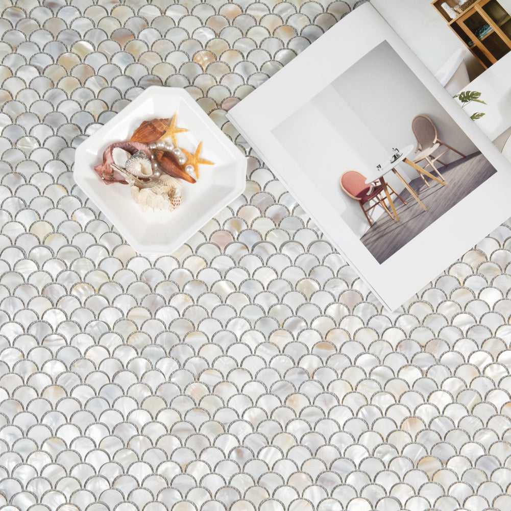 Diflart Mother of Pearl Fish Scale Backsplash Shell Tile for Kitchen Bathroom Shower Spa Wall Pool Tiles Pack of 6 Sheets