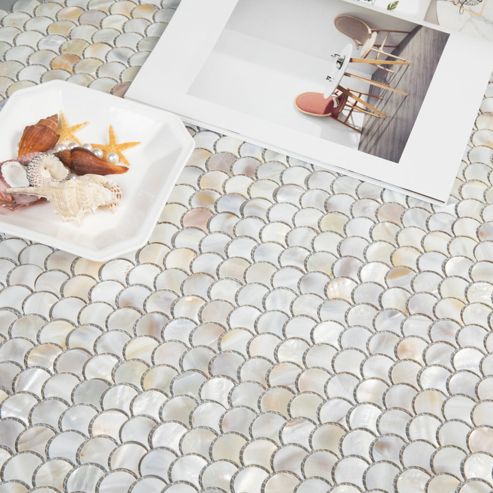 Diflart Mother of Pearl Fish Scale Backsplash Shell Tile for Kitchen Bathroom Shower Spa Wall Pool Tiles Pack of 6 Sheets