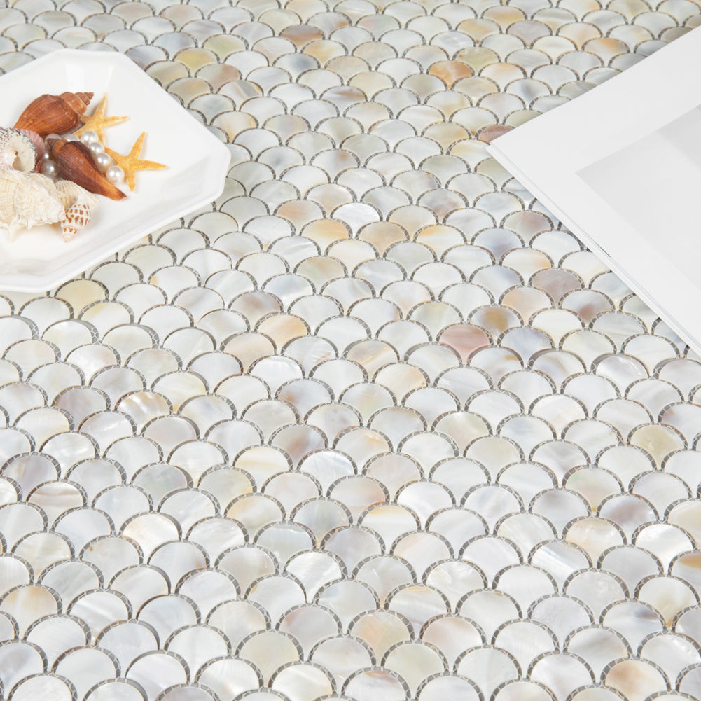Diflart Mother of Pearl Fish Scale Backsplash Shell Tile for Kitchen Bathroom Shower Spa Wall Pool Tiles Pack of 6 Sheets