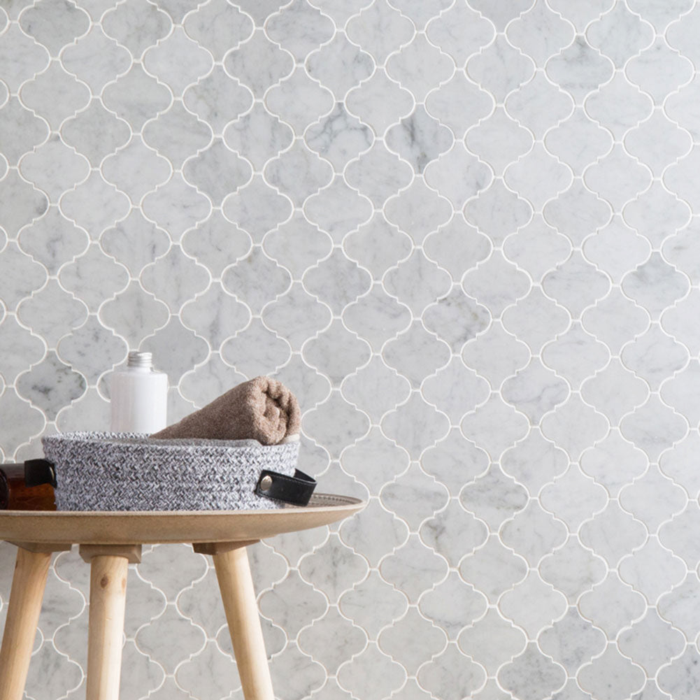 Carrara White Bianco Carrera Marble 3" x 3" Arabesque Polished Mosaic Tile Pack of  5 Sheets