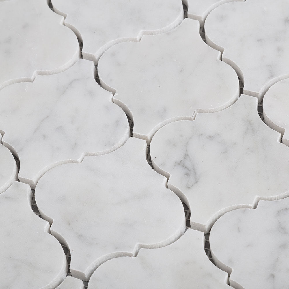 Carrara White Bianco Carrera Marble 3" x 3" Arabesque Polished Mosaic Tile Pack of  5 Sheets