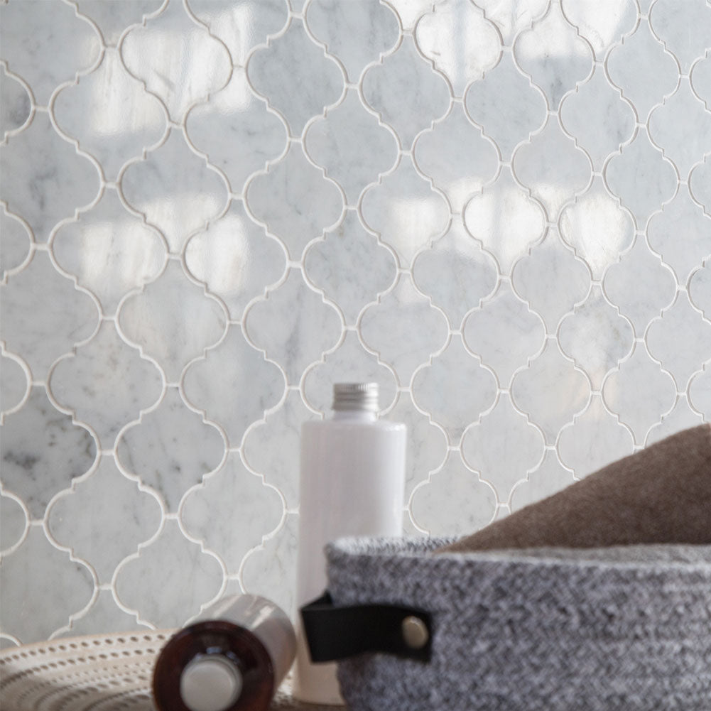 Carrara White Bianco Carrera Marble 3" x 3" Arabesque Polished Mosaic Tile Pack of  5 Sheets