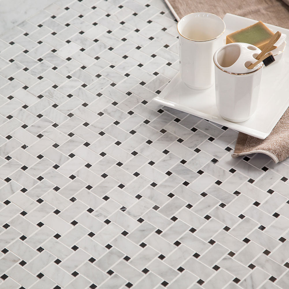 Carrera Marble 1" × 2" Basketweave Mosaic Tile with Black Dots Polished Pack of  5 Sheets