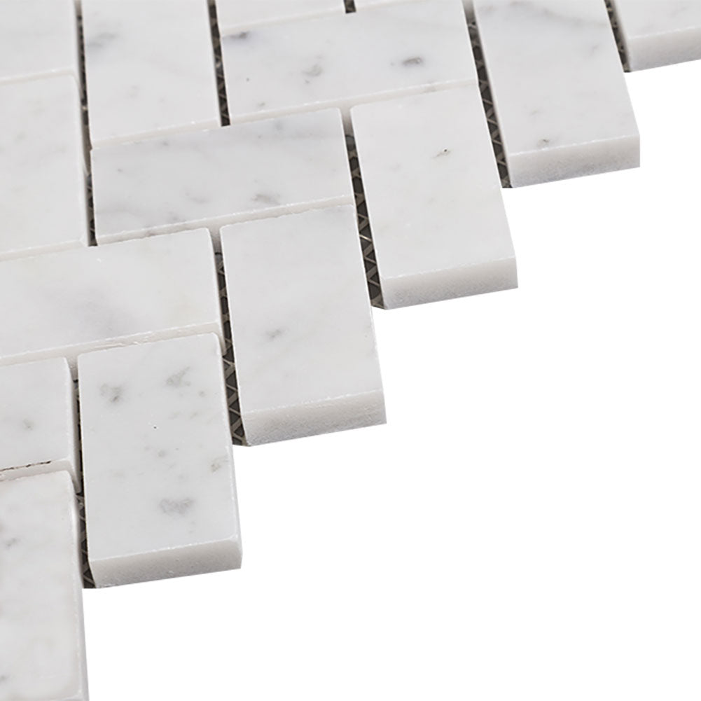 Carrara White Bianco Carrera Marble 1" x 2" Herringbone Mosaic Tile Polished Pack of 5