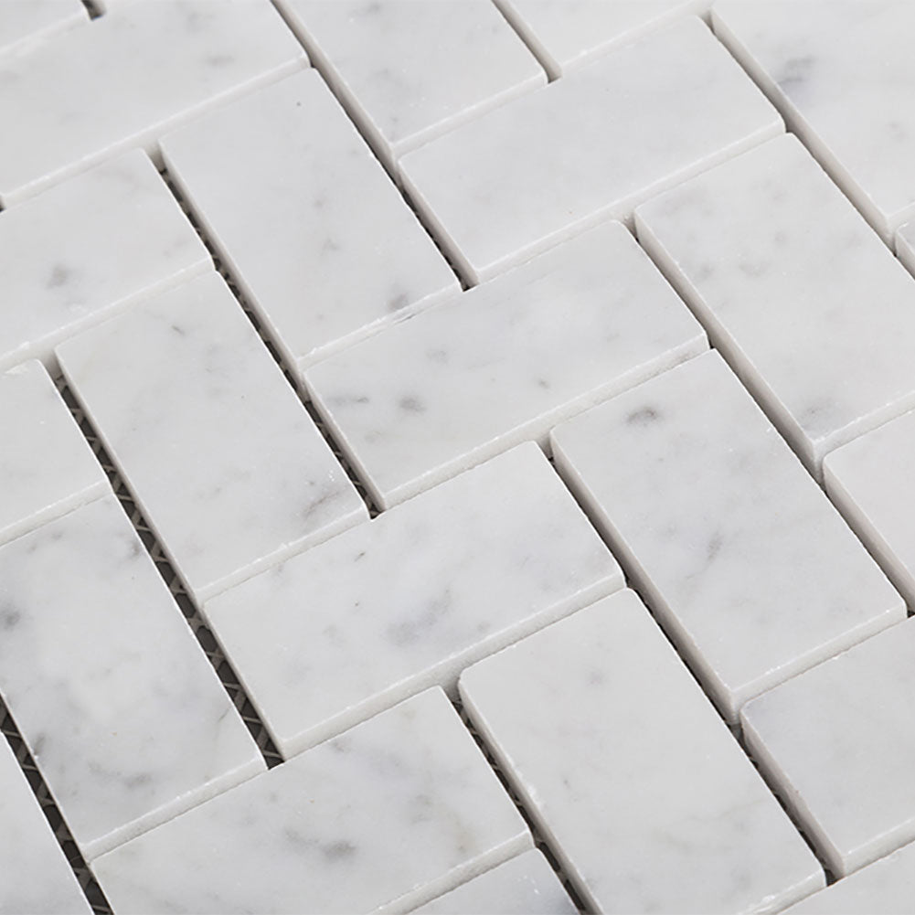Carrara White Bianco Carrera Marble 1" x 2" Herringbone Mosaic Tile Polished Pack of 5