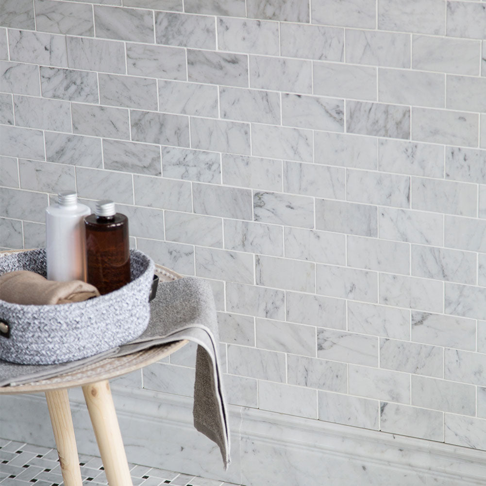 Carrara White Bianco Carrera Marble 2" × 4" Brick Mosaic Tile Pack of 5